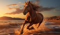 Horse running in the sea at sunset. 3d render illustration. Royalty Free Stock Photo