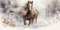 A horse is running through a snowy winter landscape. Watercolor illustration Royalty Free Stock Photo