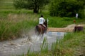 Horse running through water in a cross country race.