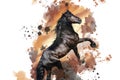 Horse running on watercolor splashes background. Close-up portrait of a big strong horse painted in watercolors.