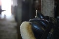 Horse saddle close up in the stable Royalty Free Stock Photo
