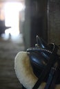 Horse saddle close up in the stable Royalty Free Stock Photo