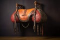 horse saddle with leather stirrups hanging