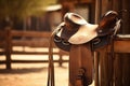 Horse saddle on rancho in sunny day. Generative AI