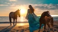 woman and horse on sand wild desert at sunset animal world nature landscape Royalty Free Stock Photo