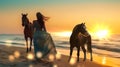 woman and horses on sand wild beach at sea ,desert at sunset animal world nature landscape Royalty Free Stock Photo