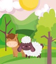 Horse and sheep field trees sky sun clouds farm animal cartoon Royalty Free Stock Photo