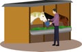 side view of a farmer holding bucket and feeding a horse in stable, feeding horses in a farm vector