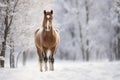 A horse in the snow. A robust equine standing in a forest covered with pristine snow, copy space Royalty Free Stock Photo