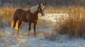Majestic Brown Horse Standing in Snowy Field at Sunrise Royalty Free Stock Photo