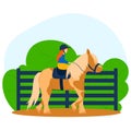 Horse sport, equestrian with animal, vector illustration. Woman rider in cartoon horseback saddle at ranch equine Royalty Free Stock Photo