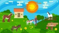 Horse stable and pasture land vector illustration flat style. Horse breeder farmer at animal husbandry. Different horses