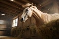 a horse in a stable sneezing, with hay flying