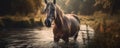 a horse standing in a body of water with trees in the backgrouund and grass in the foreground, and grass in the foreground, and