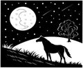 horse standing at the moon night silhouette illustration Royalty Free Stock Photo