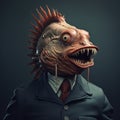 Fishhead In A Suit: A Hyper-realistic Sci-fi Hybrid Creature In Gritty Urban Scene Royalty Free Stock Photo