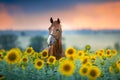 Horse on sunflowers