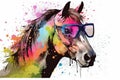 horse in sunglasses realistic with paint splatter abstract Generative AI