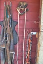 Horse supplies in a tack shed on a ranch