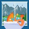 Horse takes bath with character at window with natural landscape vector illustration. Royalty Free Stock Photo