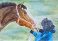 Horse and teenager. Painted with watercolor paints.