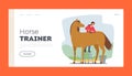 Horse Trainer Landing Page Template. Stableman Woman Character Care of Purebred Horse Cleaning Hair and Skin