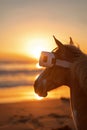 Horse in VR glasses, virtual beach sunset, profile shot, soft focus, golden hour lighting , ultra HD