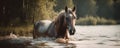 a horse is wading through the water in the sunlit woods and water is reflecting the horse\'s face in the water Royalty Free Stock Photo