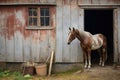 horse waiting patiently near stable wall for shoeing