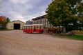 Horse walking car. Vintage transport. Attraction. Carriage with two horses. Old tram wagon without passengers