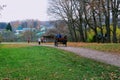 Horse walks in the park in the estate of Count Leo Tolstoy in Yasnaya Polyana in October 2017