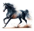 Horse. Watercolor. A strong black stallion. The mane and tail develop beautifully. Banner. Close-up. Generative AI