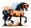 Horse. Watercolor. A strong brown stallion. The mane and tail develop beautifully. Banner. Close-up. Generative AI