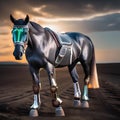 A horse wearing futuristic-looking horse shoes with built-in sensors for performance tracking3