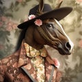 A horse wearing a hat and suit with flowers, AI