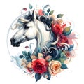 Horse. A white horse in flowers. Horse head. Portrait. Watercolor. Isolated illustration on a white background. Banner