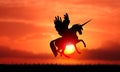 Horse with Wings and Horn Pegasus Unicorn Flying On Sky Sunset