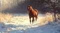 Brown Horse Walking in Snowy Winter Landscape with Soft Sunlight Royalty Free Stock Photo