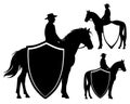 Horseback cowboy and heraldic shield black vector silhouette