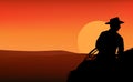 American cowboy with lasso riding horse vector silhouette outline against sunset sky