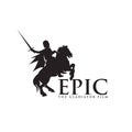 Horseback Knight Silhouette, Horse Warrior Paladin Medieval logo design with movie film cinema reel