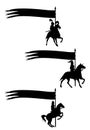 Horseback knights with long banners black vector silhouettes