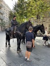Horseback police forces patrolling in downtown Jerusalem, Israel