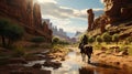 Horseback rider going through canyon in mlountains. Generative AI. Royalty Free Stock Photo