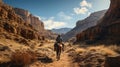 Horseback rider going through canyon in mlountains. Generative AI. Royalty Free Stock Photo