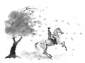 Horseback rider and rearing dapple grey horse. Autumn tree with falling windy leaves.