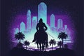 A horseback rider\'s silhouette against a futuristic desert city. illustration painting