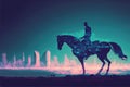 A horseback rider\'s silhouette against a futuristic desert city. illustration painting