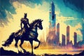 A horseback rider\'s silhouette against a futuristic desert city. illustration painting Royalty Free Stock Photo