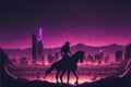 A horseback rider\'s silhouette against a futuristic desert city. illustration painting